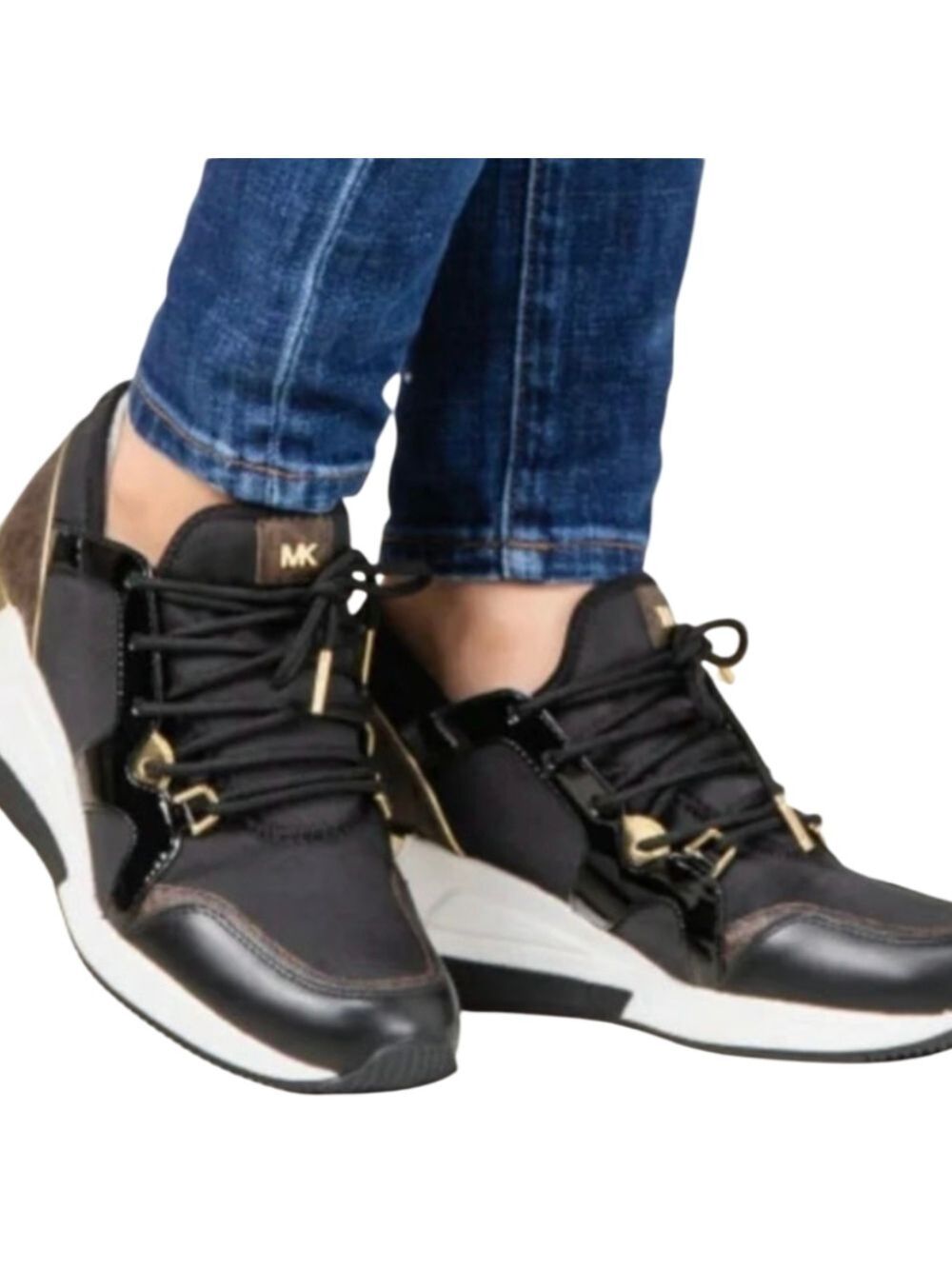 Michael KORS LIV ICONIC BLACK BROWN MK GOLD LOGO WEDGE SNEAKERS